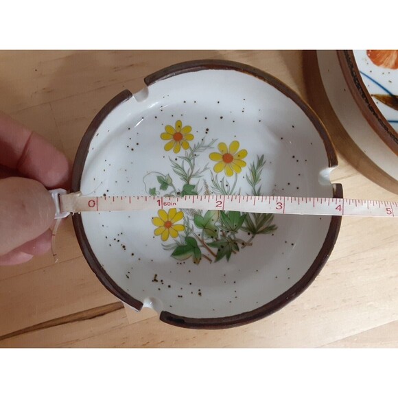 Vtg MCM Otagiri Brown Speckled Stoneware Ashtray Hand Painted Floral Japan Set - Picture 6 of 7